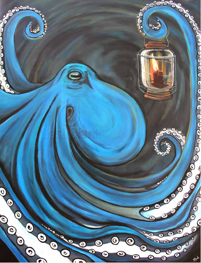 Blue octopus with lantern - 11x14 - from the depth